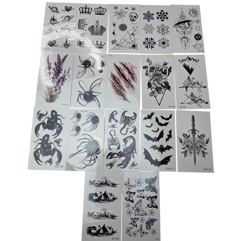 17 Sheet Temporary Tattoo Set Assorted Scorpions Spiders Bat Mountains Floral F2